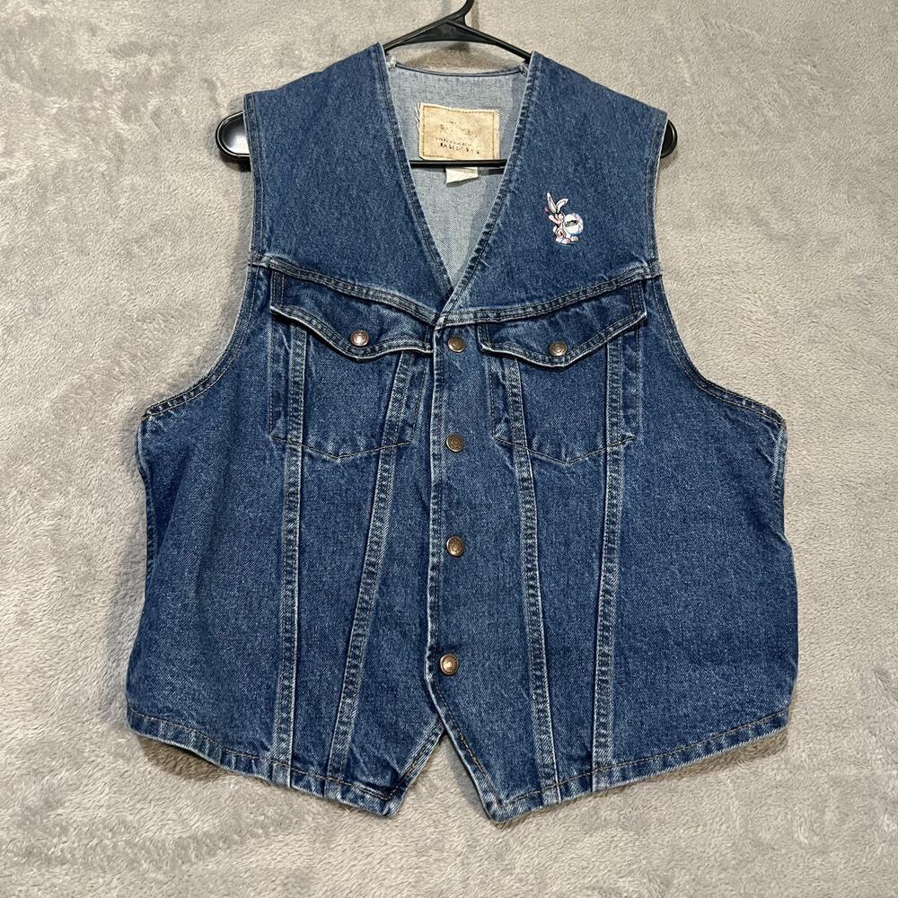 Denim Vest Womens Medium Blue Snap Front Bunny Embroidered Vintage Style